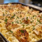 Close-up of Baked Chicken Alfredo Pasta highlighting juicy chicken and creamy sauce.
