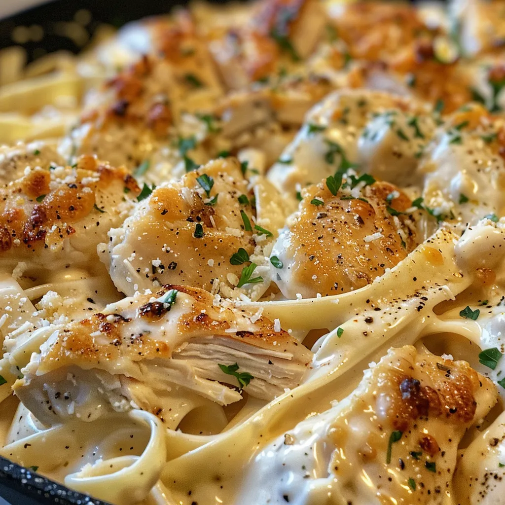 Side view of a delicious serving of Baked Chicken Alfredo with fettuccine and chicken.