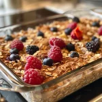 Close-up of a baked oatmeal casserole topped with mixed berries.