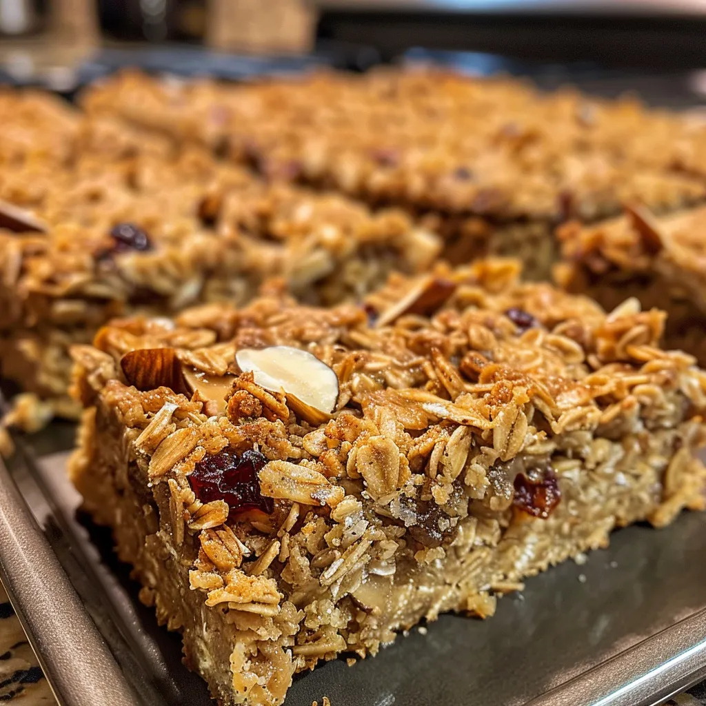 Side view of freshly baked oatmeal squares, showcasing their chewy texture and nutty toppings.