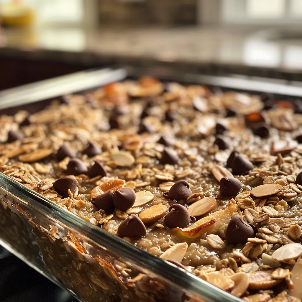 Side view of a warm baked oatmeal dish filled with chocolate chips and a golden-brown crust.