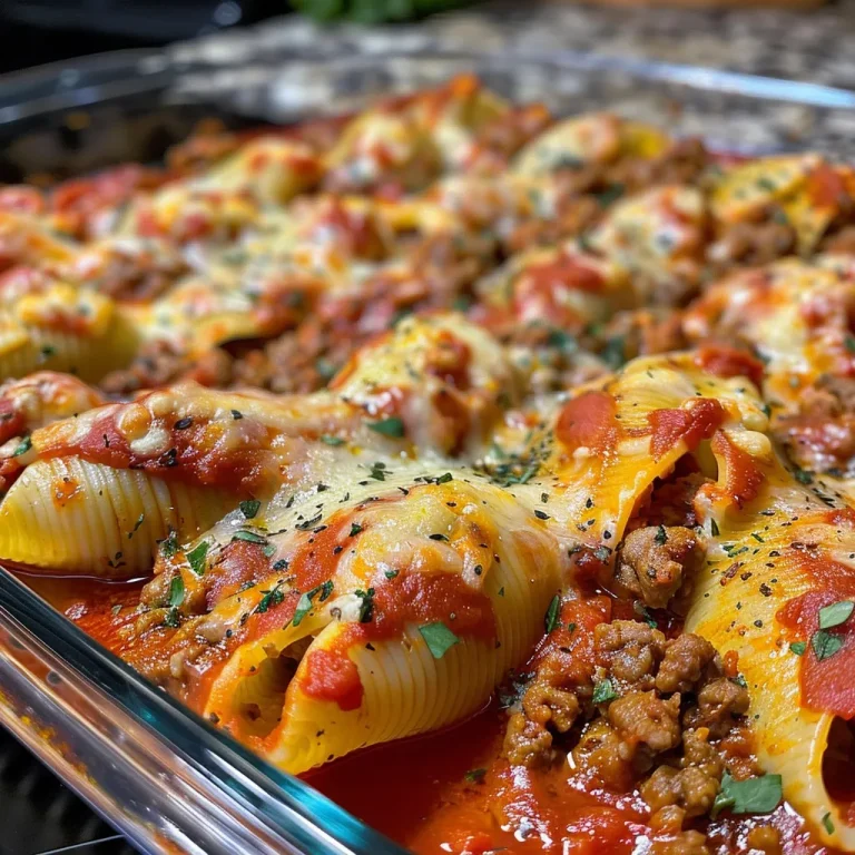 Close-up view of baked stuffed pasta shells filled with cheese and meat sauce.