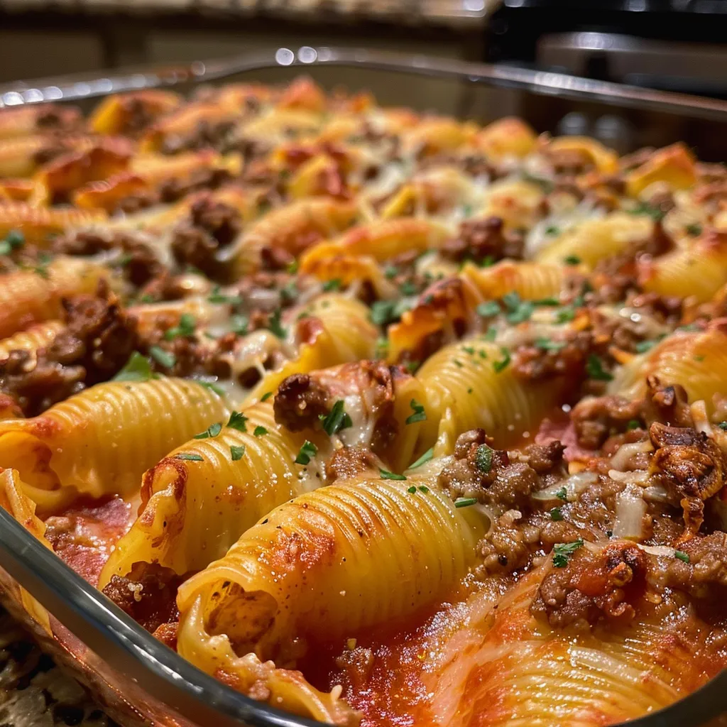Juicy baked stuffed shells topped with melted cheese, seen from the side.