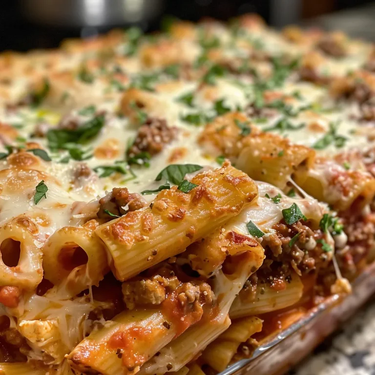 The Baked Ziti That Wraps You in a Cozy Embrace Close-up view of baked ziti with a golden cheese crust and visible cottage cheese layers.