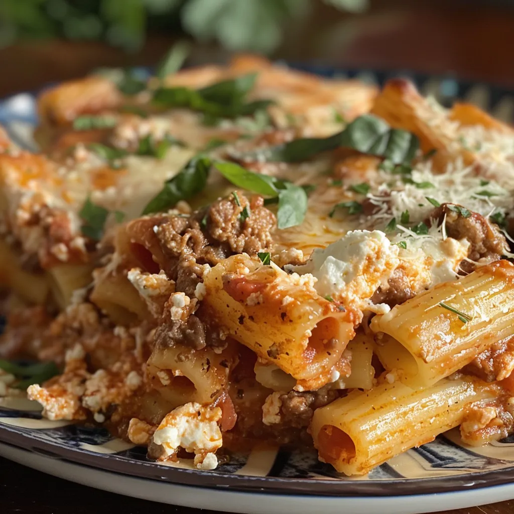 Side perspective of a cheesy baked ziti dish featuring creamy cottage cheese and a rich tomato sauce.