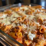 Close-up view of baked ziti with ricotta, showing melted cheese and pasta.