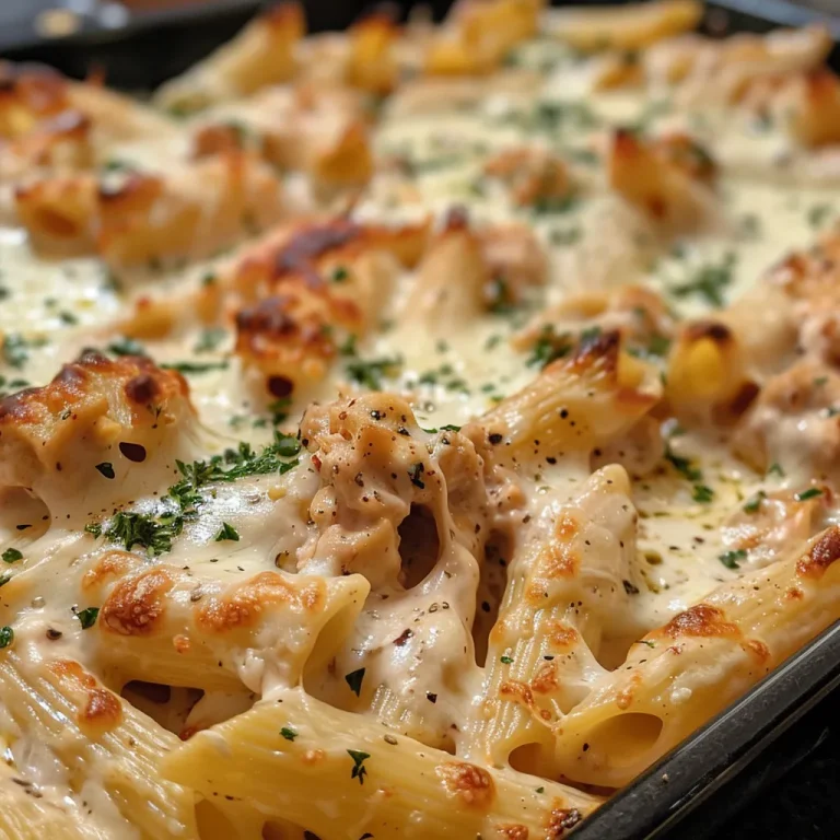 Baked Ziti with White Sauce: A Creamy Delight That Winks at Tradition Close-up view of a creamy baked ziti dish with melted cheese.