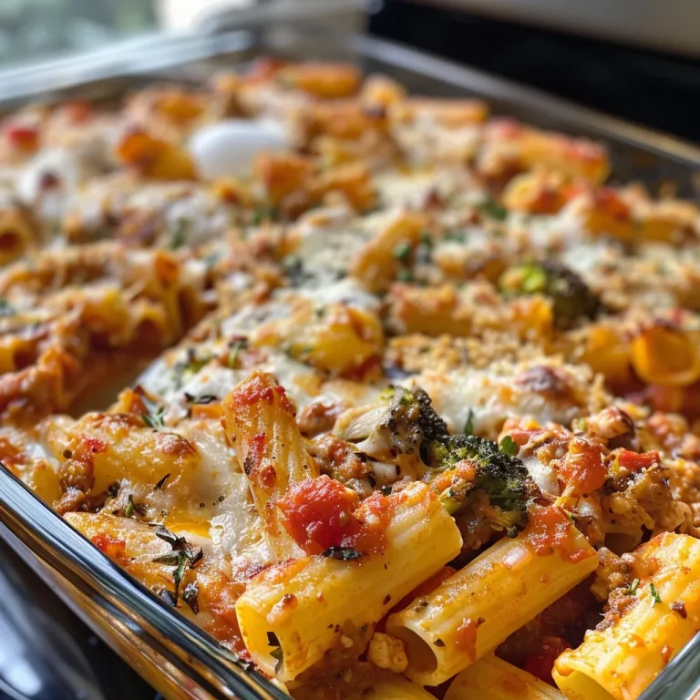 Close-up of a baked ziti dish, showing layers of pasta and melted cheese.