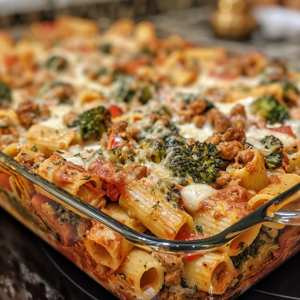 Side view of a hearty baked ziti, featuring colorful vegetables and gooey mozzarella.