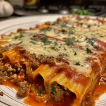 Close-up of beef and cheese manicotti on a plate, showcasing melted cheese and sauce.