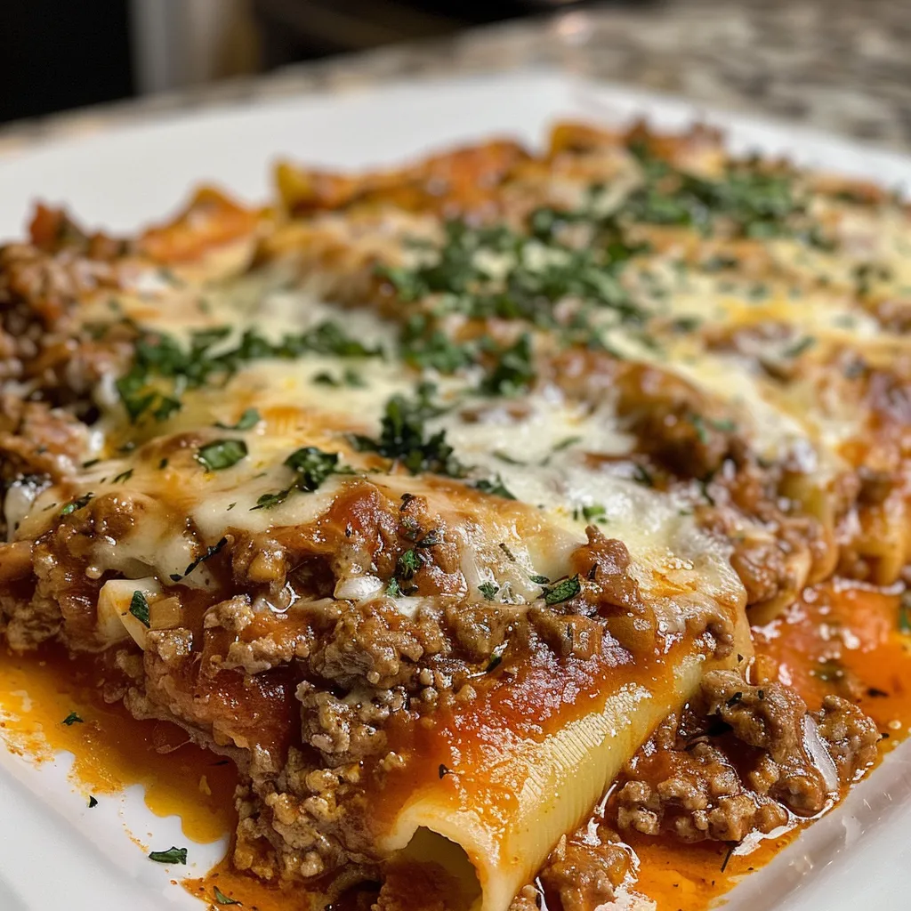 Side view of a juicy beef-filled manicotti, topped with marinara sauce and herbs.