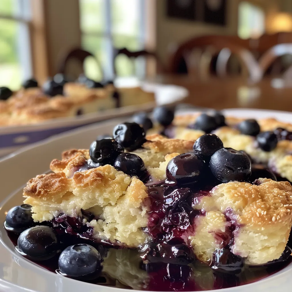 A side view of a dessert showcasing creamy layers, fresh blueberries, and golden baked biscuits.