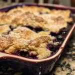 Close-up of a moist blueberry cobbler with a golden-brown top and frozen blueberries shining through.
