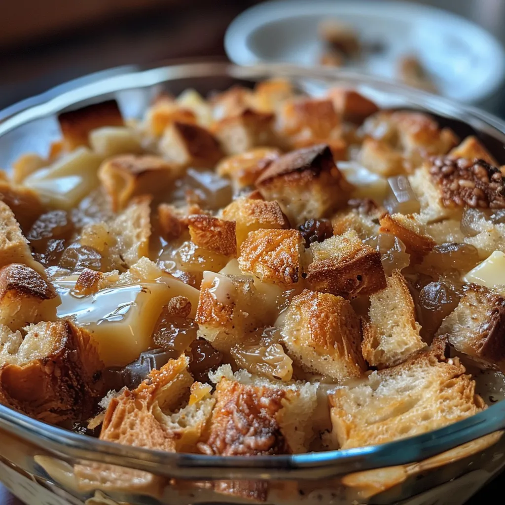 Side view of a deliciously baked bread pudding, showcasing its texture and ingredients.