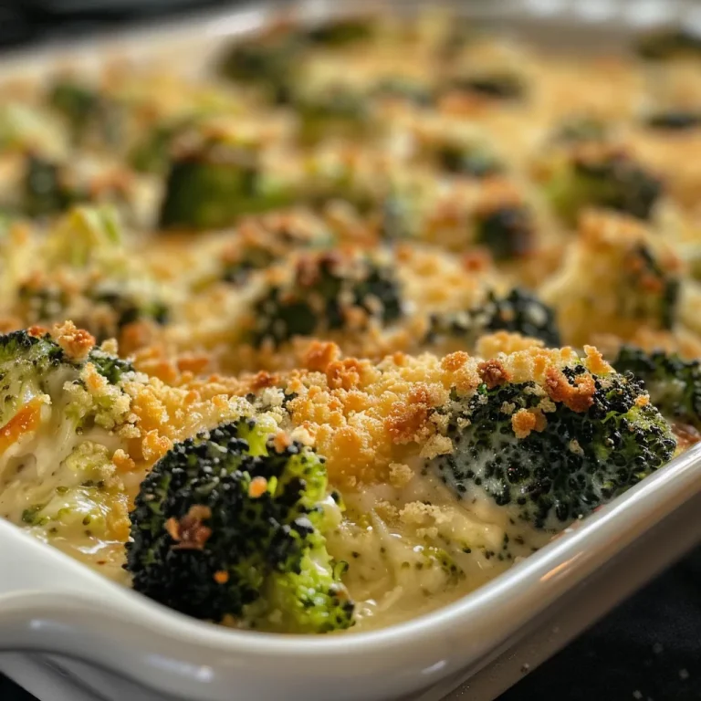 Close-up view of a bubbling broccoli casserole topped with crushed Ritz crackers.
