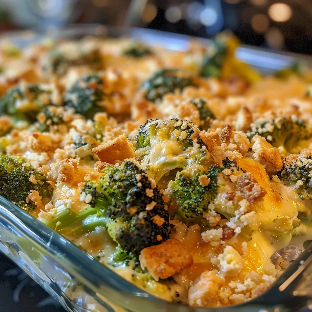 Side perspective of a creamy broccoli casserole in a baking dish, garnished with crispy cracker topping.