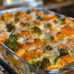 A close-up side view of a creamy butternut squash casserole topped with melted cheese and broccoli.