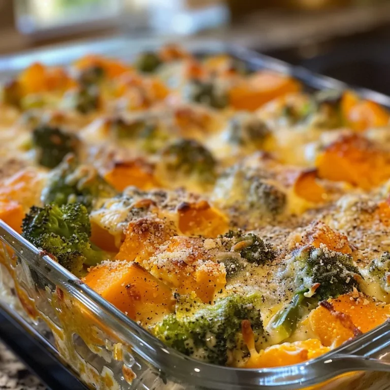 A close-up side view of a creamy butternut squash casserole topped with melted cheese and broccoli.