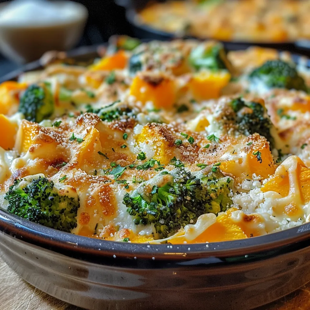 A flavorful broccoli and butternut squash casserole in a baking dish, garnished with cheese.