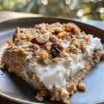 Close-up view of Carrot Cake Baked Oatmeal topped with nuts and raisins.