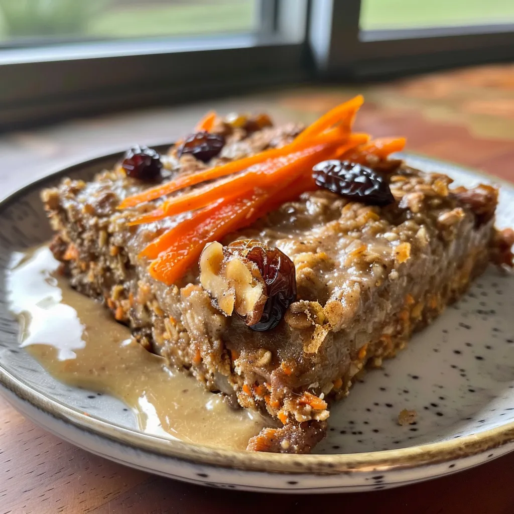 Side view of a serving of Carrot Cake Baked Oatmeal with shredded carrots visible.