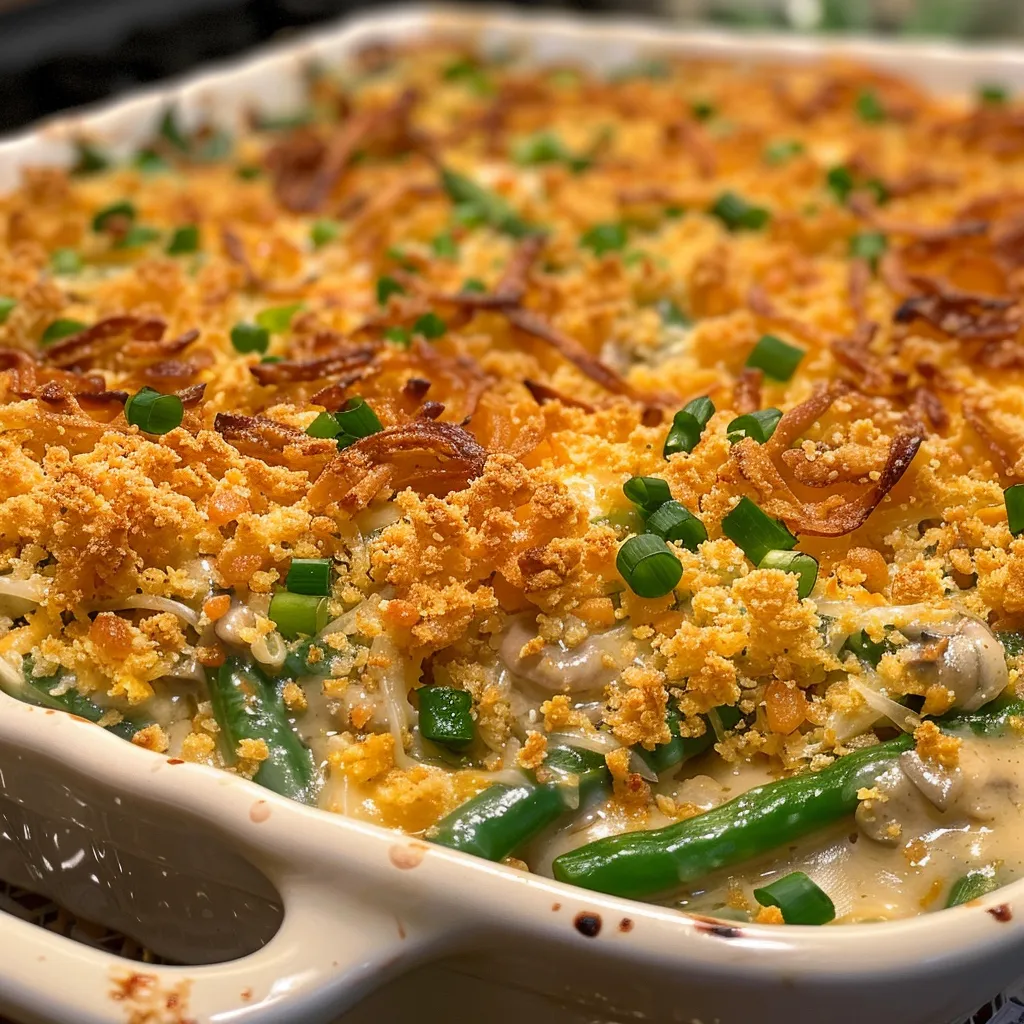 Side angle of a bubbling Cheddar Bay Green Bean Casserole in a baking dish.