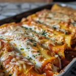 Close-up of cheesy manicotti filled with ricotta and topped with melted mozzarella.