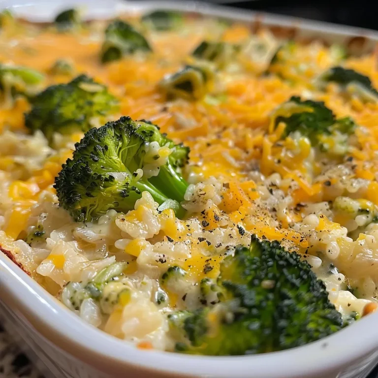 Close-up view of a cheesy broccoli rice casserole with a creamy texture.