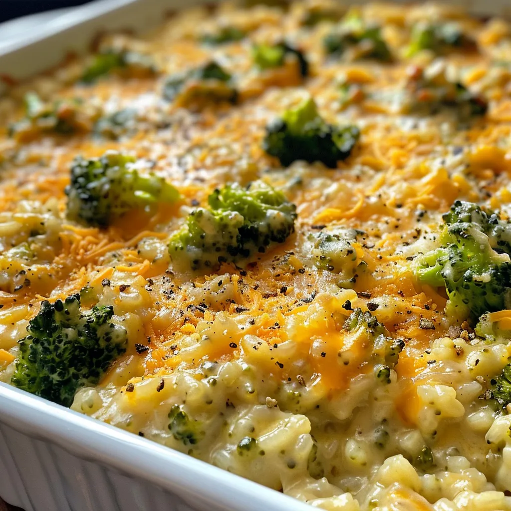 Side view of cheesy broccoli rice casserole, highlighting broccoli florets and cheese.