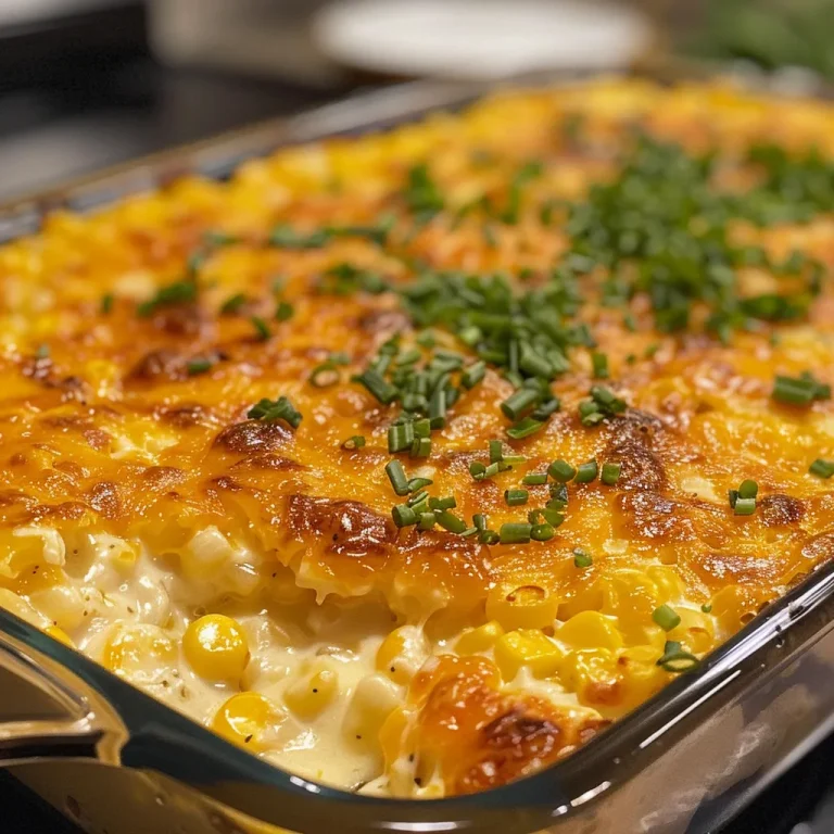 A close-up side view of a cheesy cream cheese corn casserole, showing melted cheese and a golden-brown top.