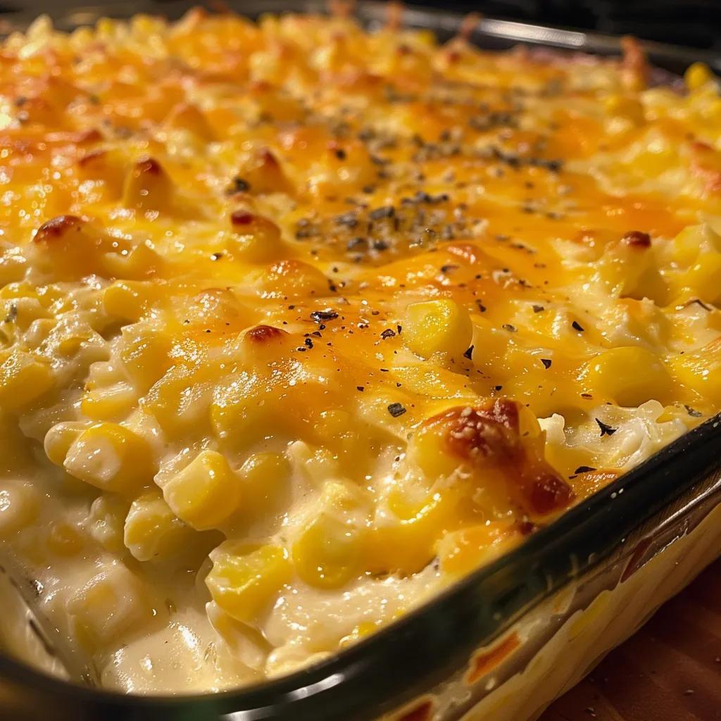 A detailed image of cheesy cream cheese corn casserole with visible corn kernels and a creamy texture.