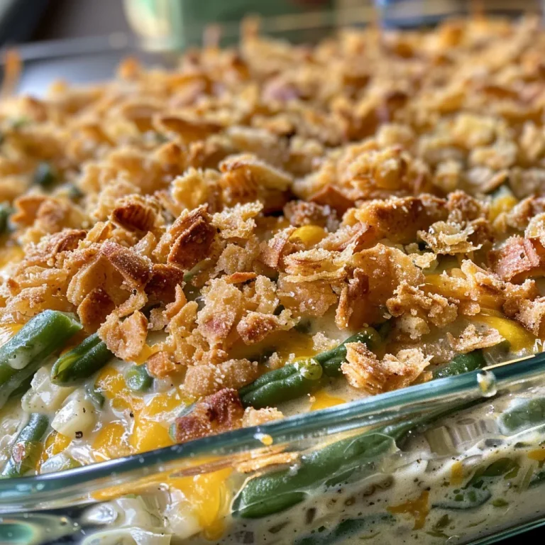 A deliciously cheesy green bean casserole with a golden top, viewed from the side.
