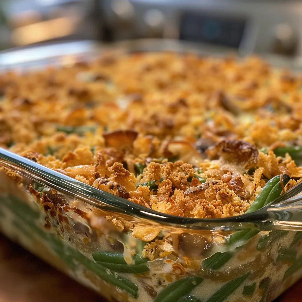 Close-up of a green bean casserole, featuring melty cheese and crispy fried onions.