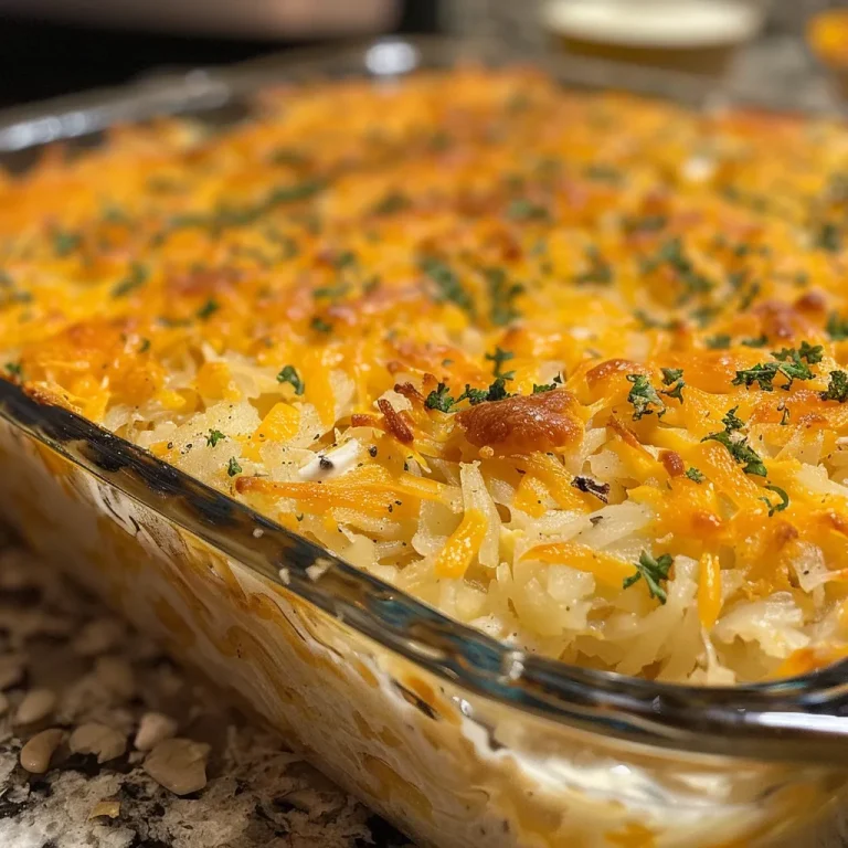 Close-up of a cheesy hashbrown casserole with a golden-brown crust.