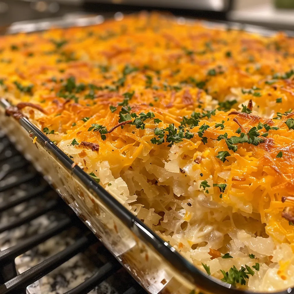 Side view of a bubbling hashbrown casserole topped with melted cheese.
