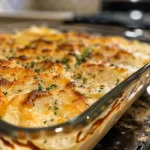 A close-up side view of creamy and cheesy scalloped potatoes, with golden-brown layers.