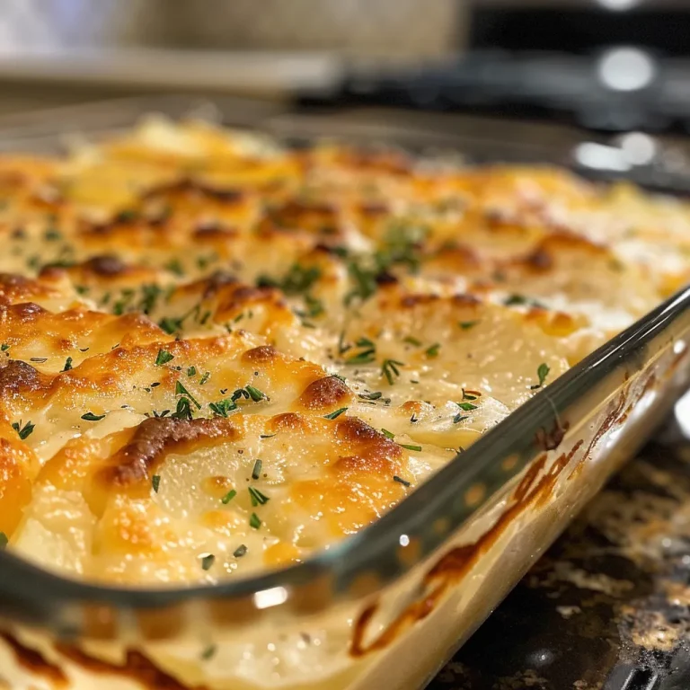 A close-up side view of creamy and cheesy scalloped potatoes, with golden-brown layers.