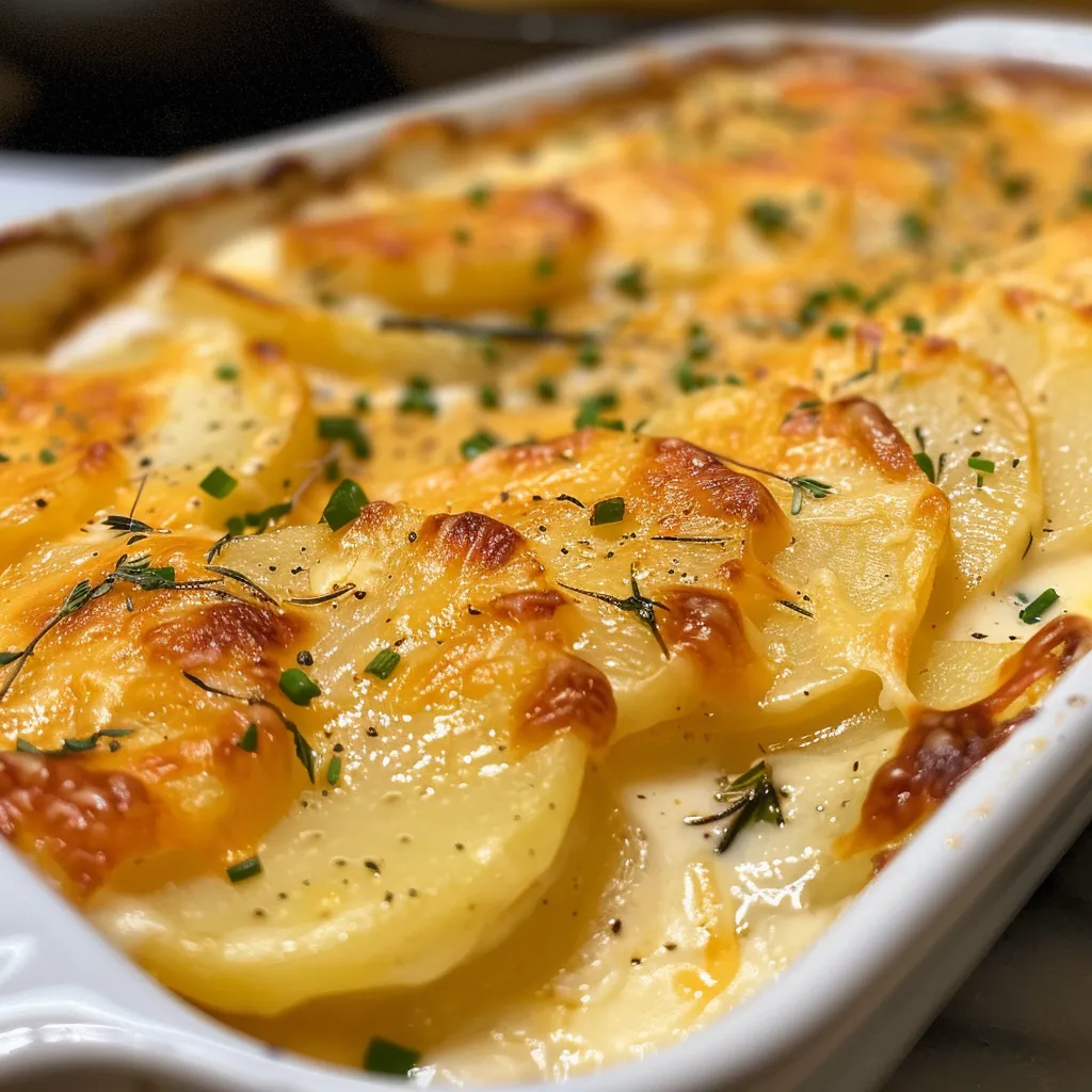 Juicy, melted cheese oozing from a dish of scalloped potatoes, showcasing a rich texture.