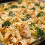 Close-up view of a creamy Chicken Alfredo Bake with melted cheese and pasta.