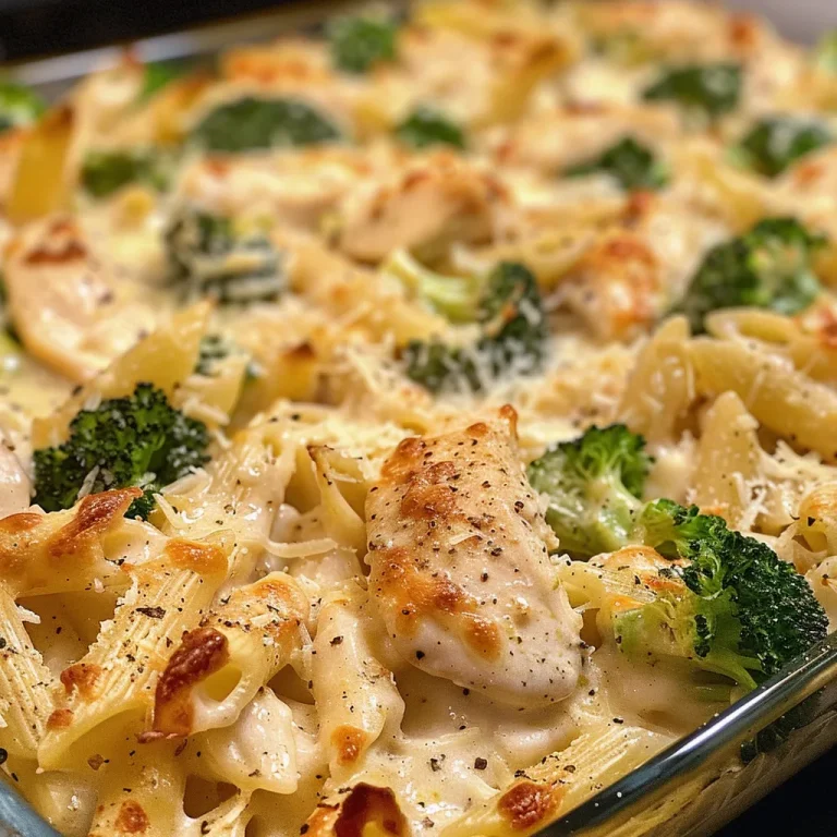 The Cozy Chicken Alfredo Bake That Will Steal Your Heart Close-up view of a creamy Chicken Alfredo Bake with melted cheese and pasta.
