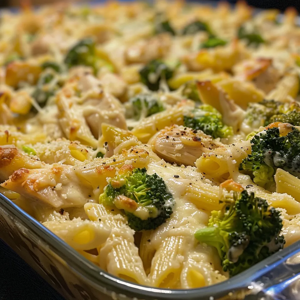 Side view of a delicious Chicken Alfredo Bake, showcasing gooey cheese and diced chicken.