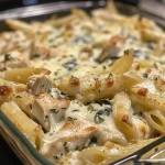 Close-up of Chicken Alfredo Baked Penne with spinach and melted cheese.