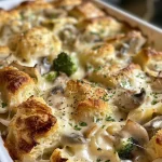 Close-up view of Chicken Alfredo Biscuit Casserole topped with melted cheese and herbs.