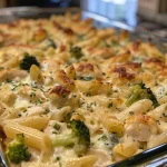 Close-up side view of a creamy Chicken Broccoli Alfredo Bake with pasta and melted cheese.