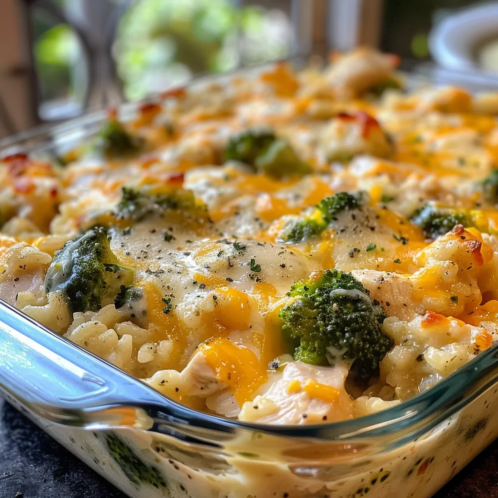 Side angle of a delicious chicken broccoli rice casserole garnished with melted cheddar cheese.