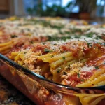 Close-up view of Chicken and Cheese Manicotti topped with melted mozzarella.