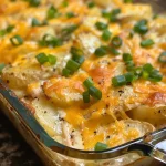 Close-up view of a chicken potato casserole with golden melted cheese.