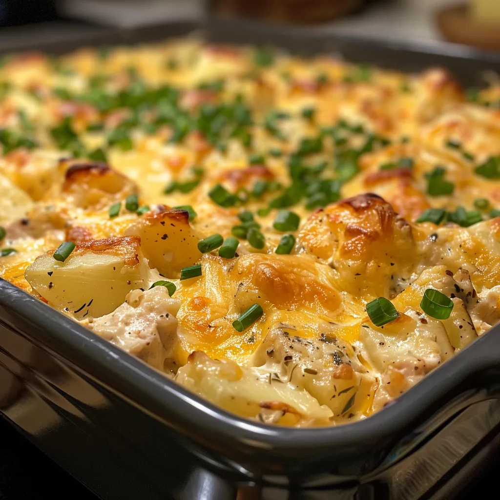 Side view of a baked chicken and potato casserole in a dish, garnished with parsley.