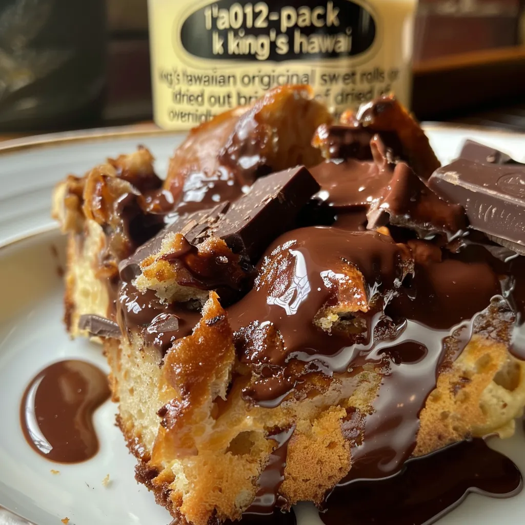 Side view of chocolate bread pudding served in a rustic dish, showcasing its creamy texture.