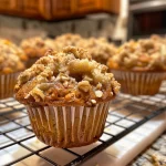Close-up view of freshly baked Cinnamon Apple Crisp Muffins on a wooden surface.